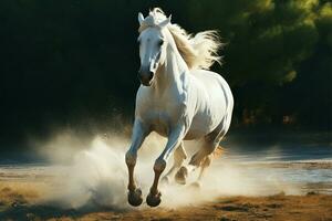 a branco cavalos elegante maneira de andar Como isto corre através a panorama ai gerado foto