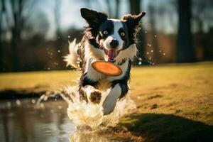 uma fronteira Collies relâmpago velozes reflexos capturar uma meio ar frisbee sorteio ai gerado foto