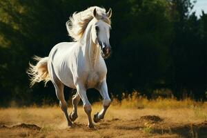 uma poderoso branco revestido cavalo dentro cheio arrancada através a campo ai gerado foto