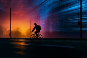 uma viajante bicicleta cavaleiros silhueta misturas para dentro a crepúsculo pano de fundo ai gerado foto