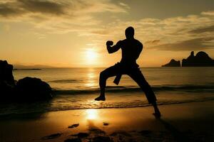 mans impressionante silhueta monitores kickboxing movimentos de a tranquilo Beira Mar ai gerado foto