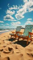 costeiro conforto de praia cadeiras em arenoso costa abaixo ensolarado azul céu e nuvens vertical Móvel papel de parede ai gerado foto