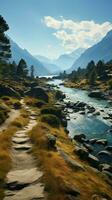 caminhantes paraíso montanha panorama vangloria-se cênico trilha e sereno beira do lago cenário vertical Móvel papel de parede ai gerado foto