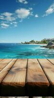 horizonte conexão de madeira mesa contra borrado mar ilha e tranquilo azul céu vertical Móvel papel de parede ai gerado foto