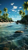 Palma franjado paraíso de praia adornado com imponente Palmeiras, uma tropical refúgio de ondas vertical Móvel papel de parede ai gerado foto