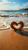 de praia romance coração desenhado em arenoso costa com ondas dentro a fundo vertical Móvel papel de parede ai gerado foto