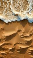 arenoso de praia fundo topo Visão com visível areia textura pano de fundo para maquetes e publicidade vertical Móvel papel de parede ai gerado foto
