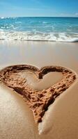 Beira Mar devoção coração gravado dentro areia, ondas fornecendo uma calmante fundo vertical Móvel papel de parede ai gerado foto