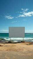 beira-mar Painel publicitário esvaziar exibição no meio arenoso costa e expansivo marinha vertical Móvel papel de parede ai gerado foto