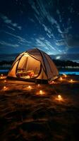 serenata do estrelas barraca conjunto acima debaixo a noite céu, abraçando tranquilidade vertical Móvel papel de parede ai gerado foto