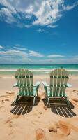 litoral relaxamento de praia cadeiras em branco areia debaixo ensolarado azul céu vertical Móvel papel de parede ai gerado foto