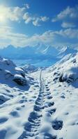 preso pela neve subida humano pegadas rastrear encosta jornada, abraçando Nevado desafio vertical Móvel papel de parede ai gerado foto