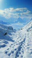 preso pela neve subida humano pegadas rastrear encosta jornada, abraçando Nevado desafio vertical Móvel papel de parede ai gerado foto