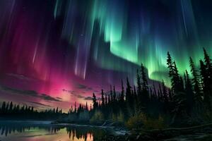 encantador transformação norte luzes pintura a céu dentro roxa e verde ai gerado foto