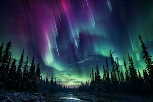 encantador transformação norte luzes pintura a céu dentro roxa e verde ai gerado foto