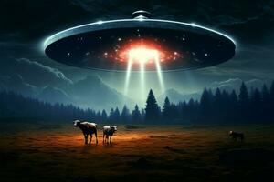 extraterrestre cena UFO e vaca dentro surreal astral papel de parede composição ai gerado foto