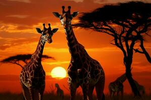 girafas dentro crepúsculo uma transformado cena abaixo a configuração Sol ai gerado foto