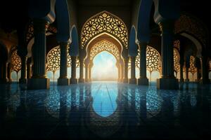 islâmico mesquitas interior iluminado de a suave esplendor do luar ai gerado foto