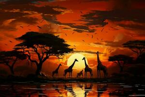 pôr do sol serenidade uma rebanho do girafas dentro uma tranquilo transformação ai gerado foto