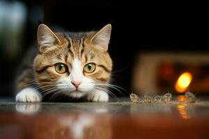 de mesa escapada transformado gato encontra diversão com uma minúsculo gerbil ai gerado foto