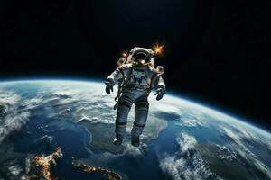 astronautas celestial odisséia guardando terra a partir de a transformativo cosmos ai gerado foto