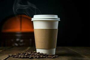café dentro uma papel xícara, duramente exibido contra Preto contraste ai gerado foto