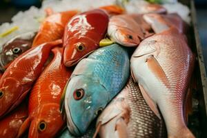 colorida variedade do peixe exibido às a movimentado frutos do mar mercado ai gerado foto