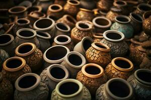 diverso argila potes, artesão feito, arranjado em a mercados terreno chão ai gerado foto