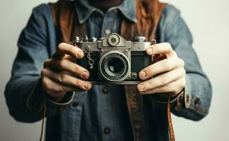 mãos berço vintage Câmera, preparado para uma nostálgico fotográfico viagem ai gerado foto