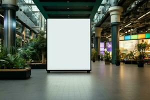 prime publicidade espaço uma espaçoso em branco Painel publicitário dentro a compras Centro ai gerado foto