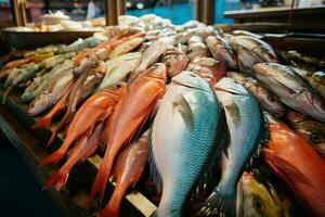 uma vibrante frutos do mar mercado vitrines a matriz do sortido peixe ai gerado foto