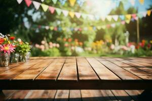 a esvaziar de madeira mesa, com uma animado jardim festa dentro a fundo ai gerado foto