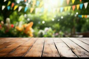 de madeira mesa espera em meio a uma jardim celebrações delicioso fundo borrão ai gerado foto