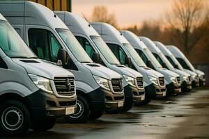 comercial Entrega vans alinhado dentro uma linha, uma serviço provedores orgulho ai gerado foto