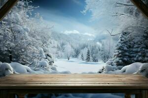 escrivaninha coberto dentro flocos de neve, com uma pitoresco inverno cenário pano de fundo ai gerado foto