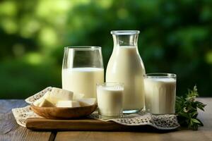 fresco orgânico leite e alternativo laticínios produtos em rústico mesa ai gerado foto