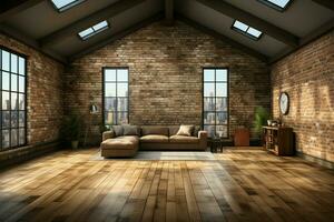 generosamente aceso loft espaço com moderno decoração, de madeira pisos, e tijolo paredes ai gerado foto