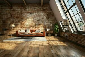 moderno loft espaço com abundante natural luz, madeira pisos, tijolo paredes ai gerado foto