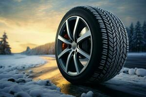 Novo inverno carro pneus dentro imaculado doença, conjunto contra Nevado paisagem rodoviária ai gerado foto