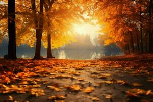cênico outono panorama dourado árvores, sol, queda folhas, sazonal beleza ai gerado foto