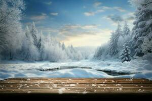 floco de neve coberto mesa, emoldurado de uma sereno inverno panorama lado de fora ai gerado foto