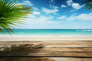 verão relaxamento simbolizado de uma de madeira mesa em uma de praia ai gerado foto