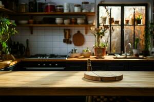 área de trabalho dentro uma cozinha, oferta quarto para seu Comida preparativos ai gerado foto