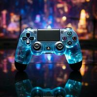 atrasado noite vídeo jogos com azul tema, controle de video game fechar acima aumenta virtual experiência para social meios de comunicação postar Tamanho ai gerado foto