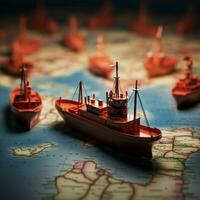 conduzindo a caminho vermelho barco guias papel frota em mundo mapa, simbolizando trabalho em equipe para social meios de comunicação postar Tamanho ai gerado foto