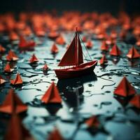 papel barcos Segue uma vermelho líder barco em mundo mapa conceito para liderança, trabalho em equipe e ganhando sucesso para social meios de comunicação postar Tamanho ai gerado foto