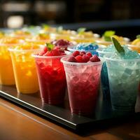 plástico copos aguarde congeladas fruta raspadinhas, alinhado dentro uma colorida, gelado linha para social meios de comunicação postar Tamanho ai gerado foto