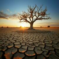 resiliente árvore em meio a rachado terra significa clima alterar impacto água falta, global aquecimento para social meios de comunicação postar Tamanho ai gerado foto