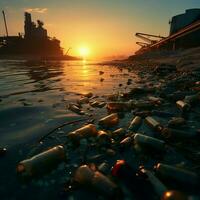 litoral estragado de descartado plástico e destroços, resumindo terrível de praia poluição consequências para social meios de comunicação postar Tamanho ai gerado foto