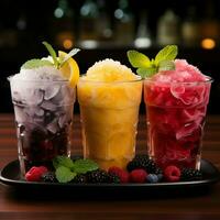 vibrante gelado fruta lama, refrigerado dentro copos colorida refresco, congeladas deleite para social meios de comunicação postar Tamanho ai gerado foto